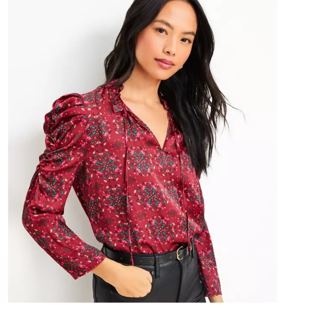 LOFT Floral Cinched Sleeve Ruffle Tie Neck Mixed Media Top